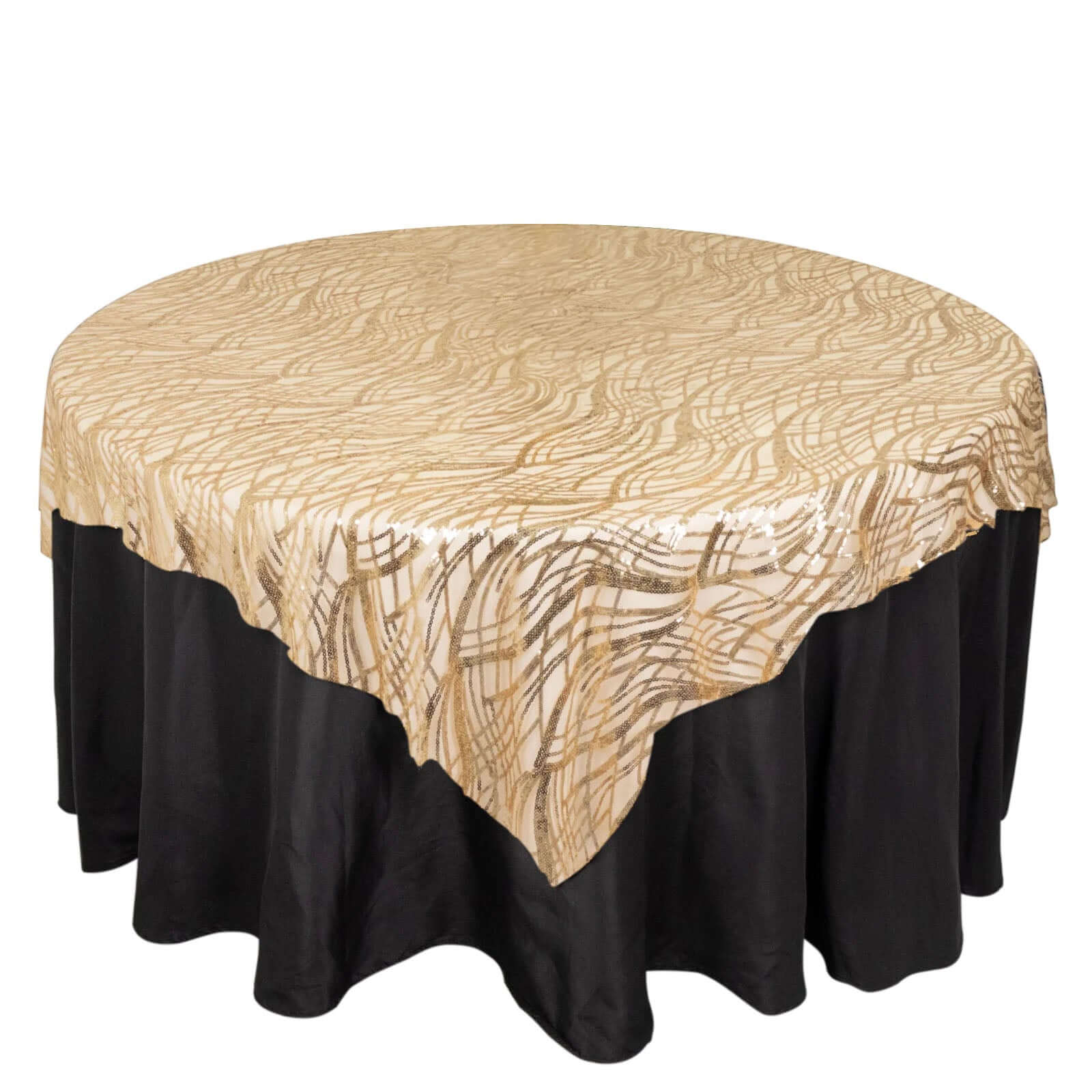 Mesh 72"x72" Table Overlay Square Tablecloth Champagne - Wave Embroidered Sequins Table Topper Pro Linens