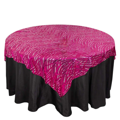 Mesh 72"x72" Table Overlay Square Tablecloth Fuchsia Silver - Wave Embroidered Sequins Table Topper Pro Linens