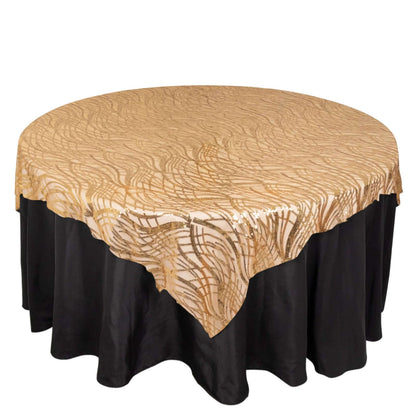 Mesh 72"x72" Table Overlay Square Tablecloth Gold Wave Design with Embroidered Sequins for Stylish Occasions Pro Linens