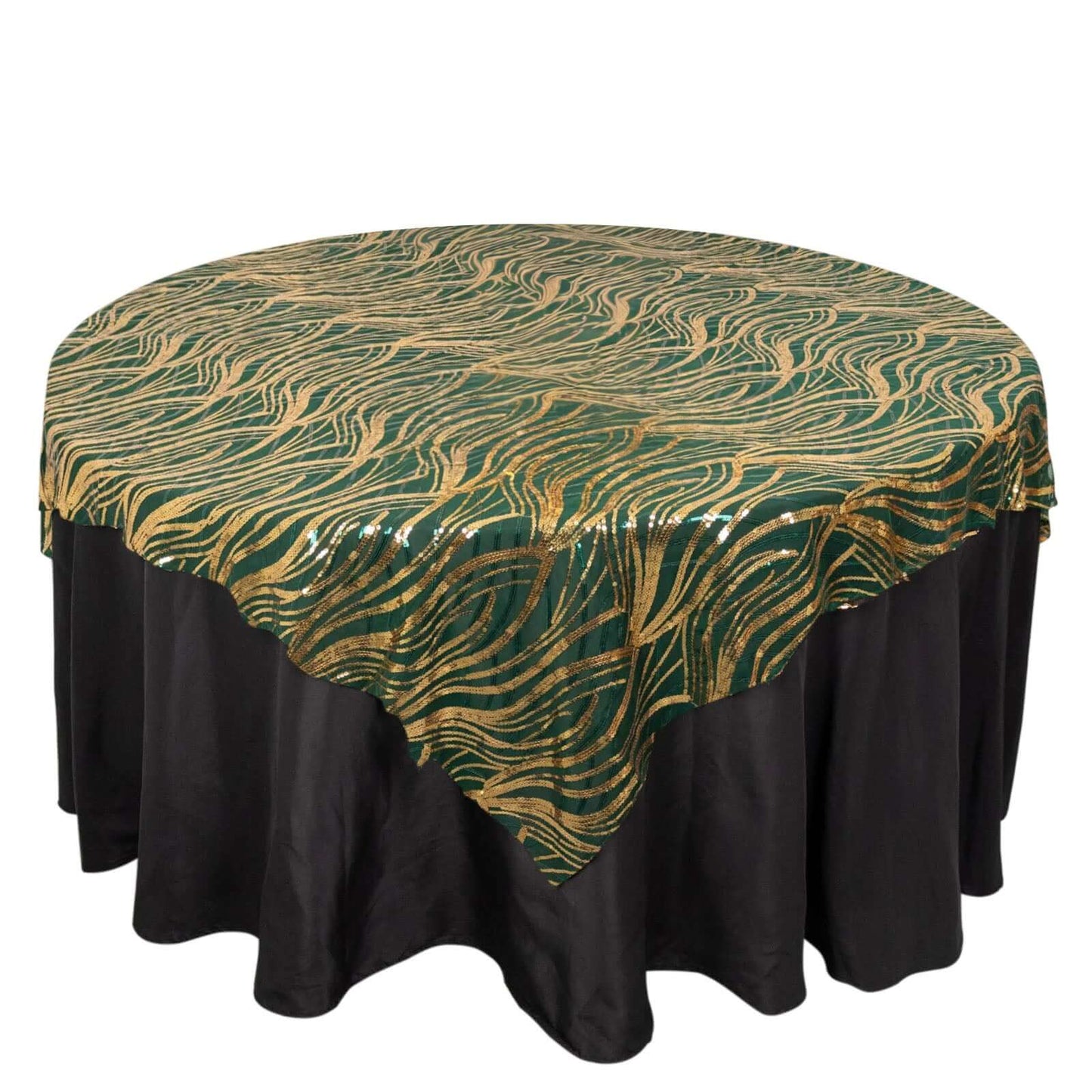 Mesh 72"x72" Table Overlay Square Tablecloth Hunter Emerald Green - Wave Embroidered Sequins Table Topper Pro Linens