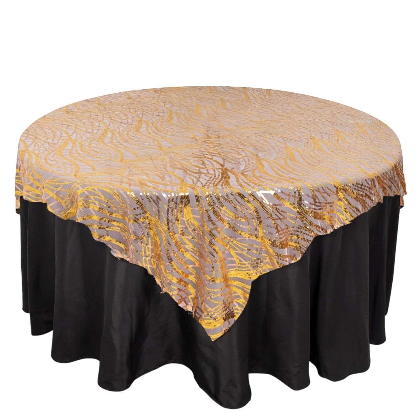 Mesh 72"x72" Table Overlay Square Tablecloth Rose Gold/Gold - Wave Embroidered Sequins Table Topper Pro Linens