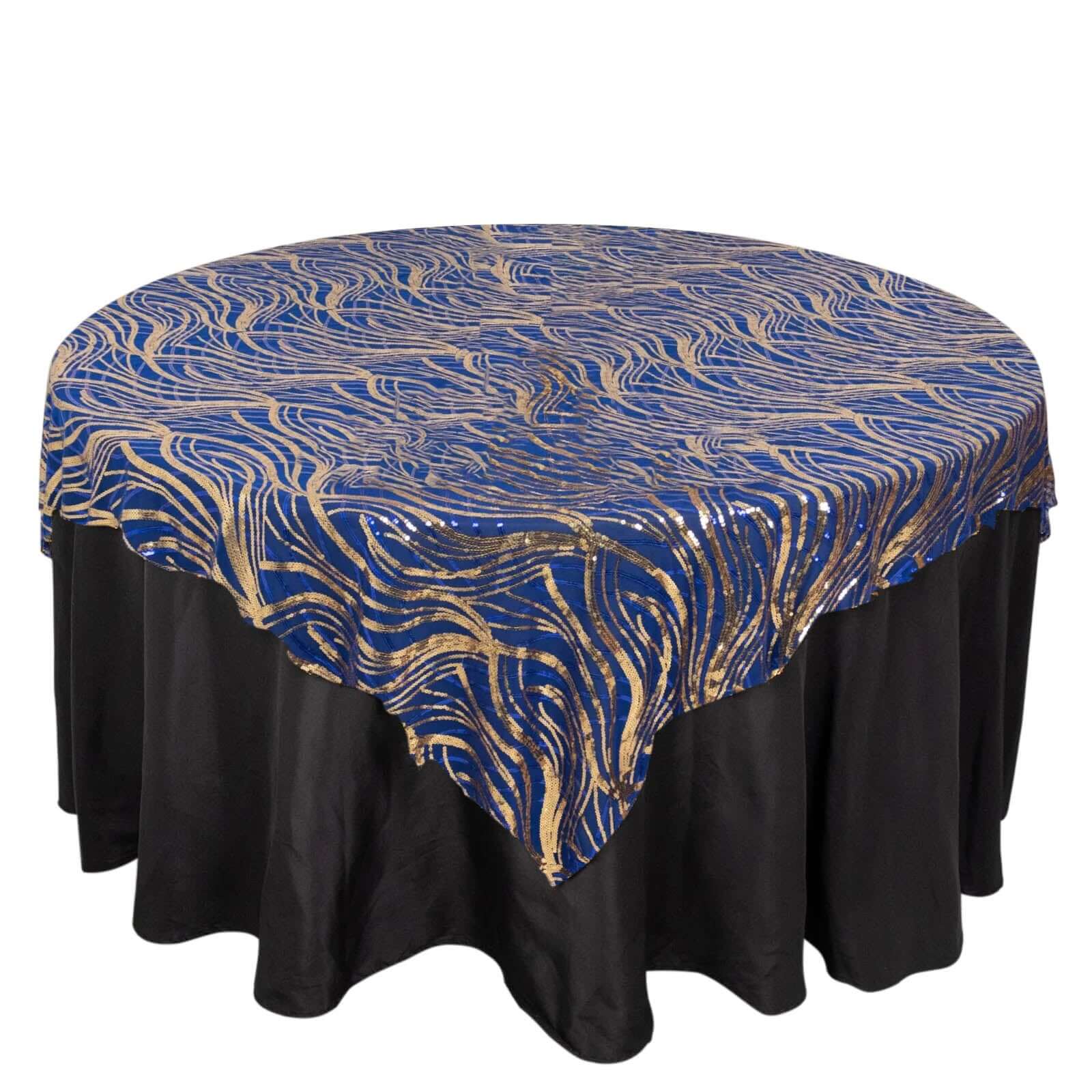 Mesh 72"x72" Table Overlay Square Tablecloth Royal Blue - Wave Embroidered Sequins Table Topper Pro Linens