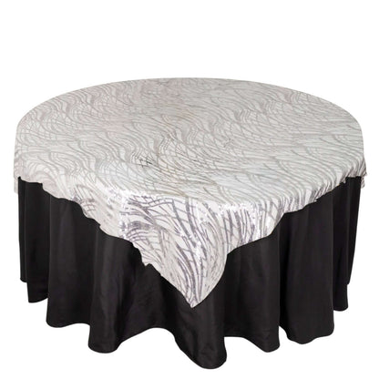 Mesh 72"x72" Table Overlay Square Tablecloth Silver - Wave Embroidered Sequins Table Topper Pro Linens