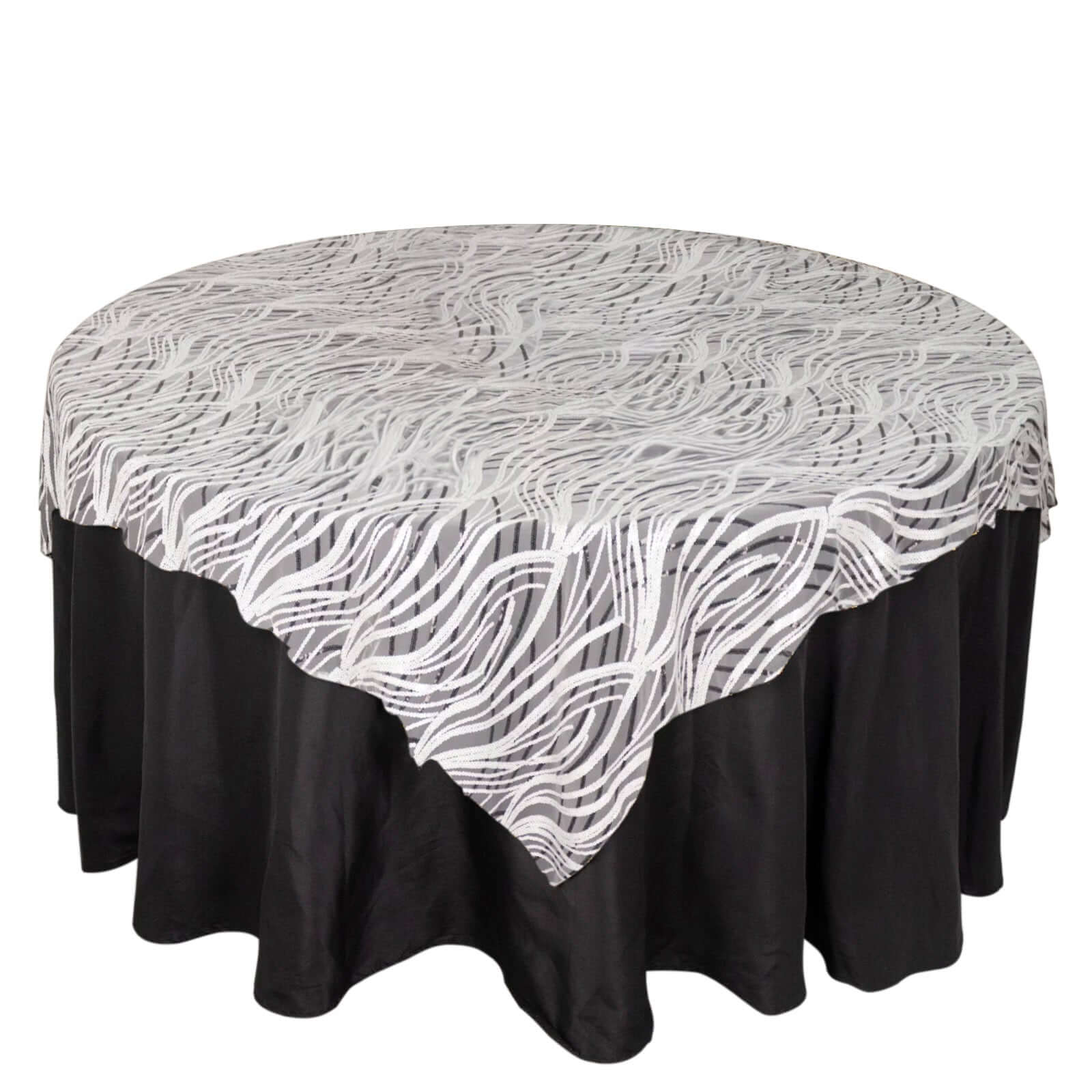 Mesh 72"x72" Table Overlay Square Tablecloth White Black - Wave Embroidered Sequins Table Topper Pro Linens