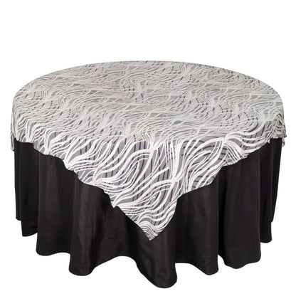 Mesh 72"x72" Table Overlay Square Tablecloth White Black - Wave Embroidered Sequins Table Topper Pro Linens