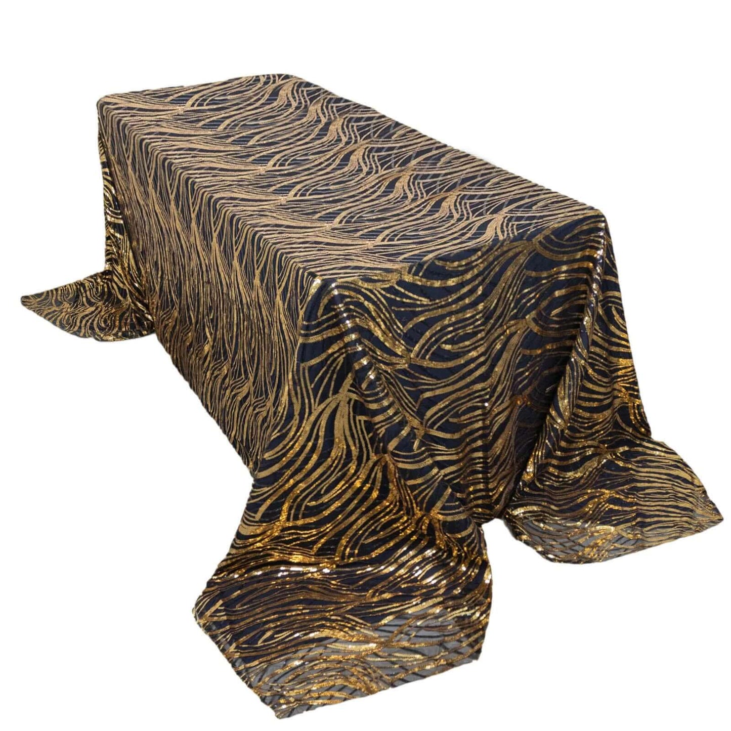 Mesh 90"x156" Rectangle Tablecloth Black/Gold - Wave Sequin Embroidered Table Cover - Pro Linens