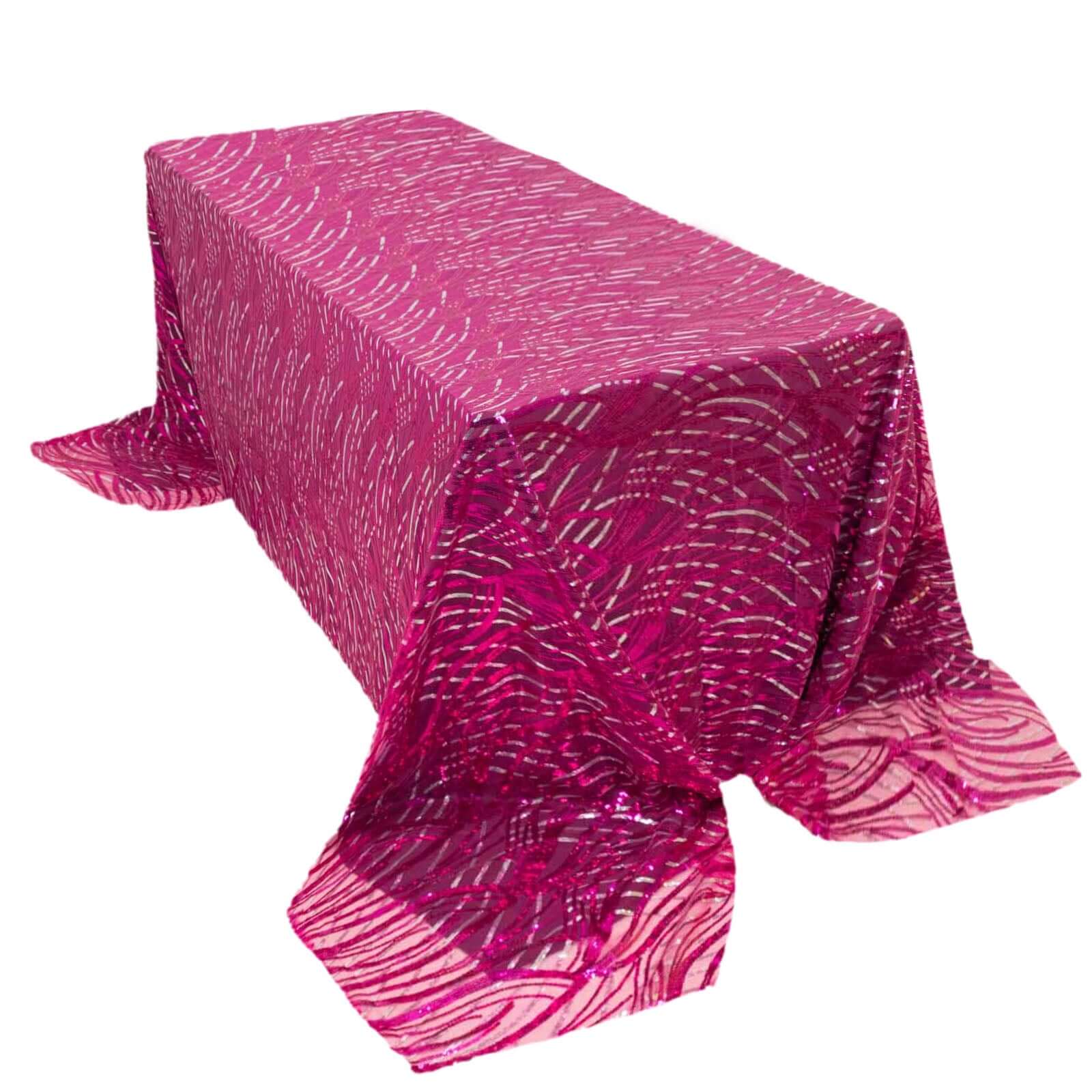 Mesh 90"x156" Rectangle Tablecloth Fuchsia/Silver - Wave Sequin Embroidered Table Cover - Pro Linens