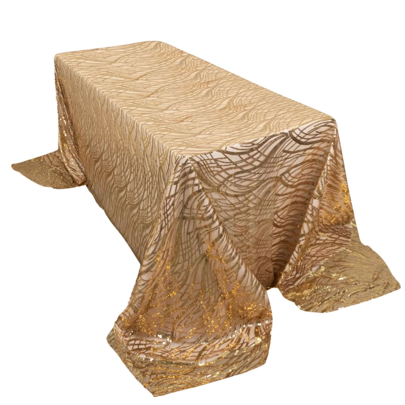 Mesh 90"x156" Rectangle Tablecloth Gold - Wave Sequin Embroidered Design for Refined Occasions - Pro Linens