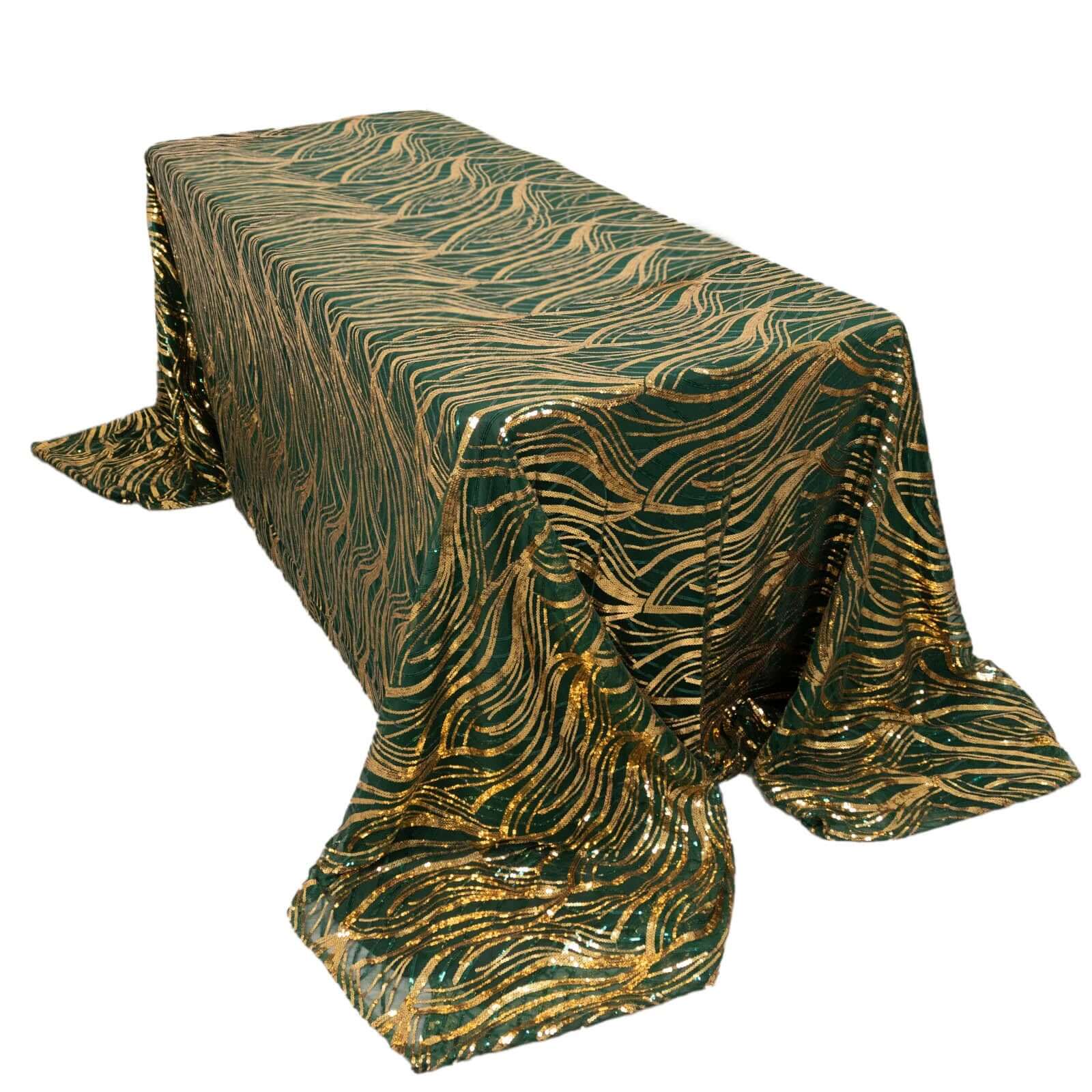 Mesh 90"x156" Rectangle Tablecloth Hunter Emerald Green/Gold - Wave Sequin Embroidered Table Cover - Pro Linens