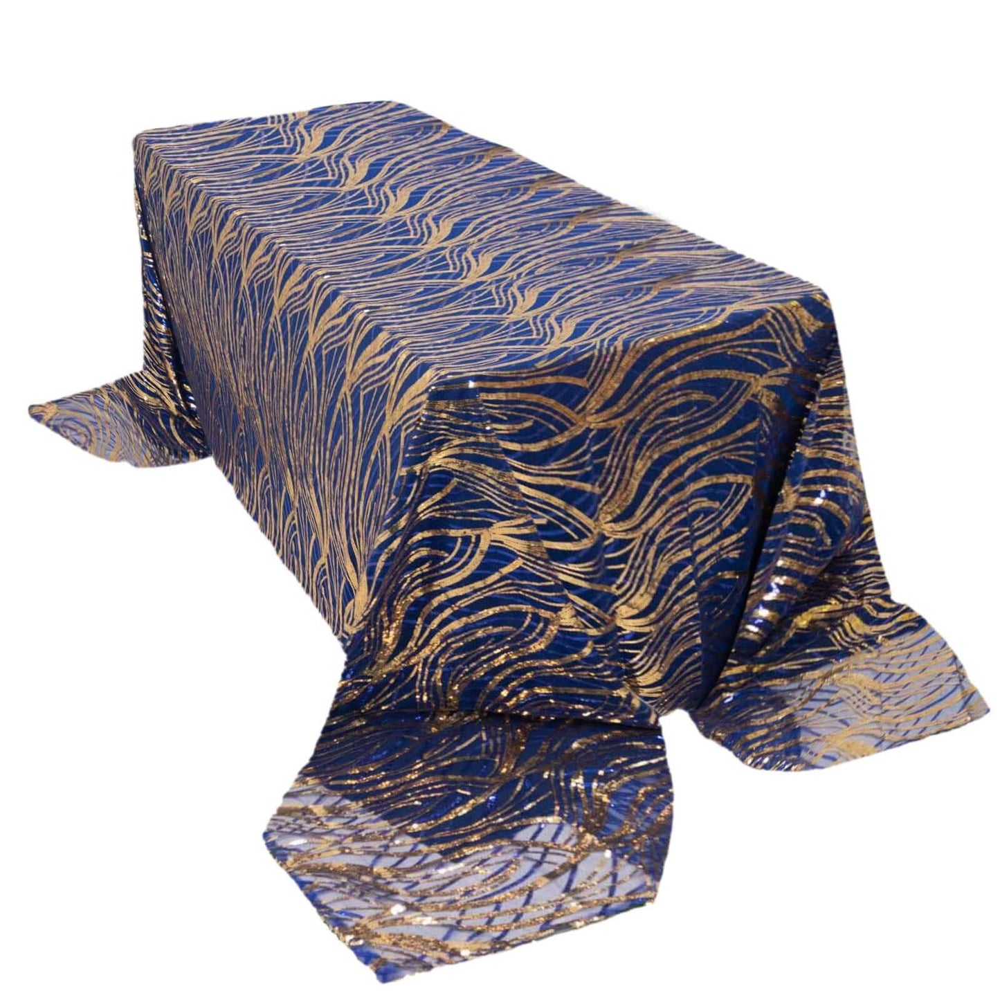 Mesh 90"x156" Rectangle Tablecloth Royal Blue/Gold - Wave Sequin Embroidered Table Cover - Pro Linens