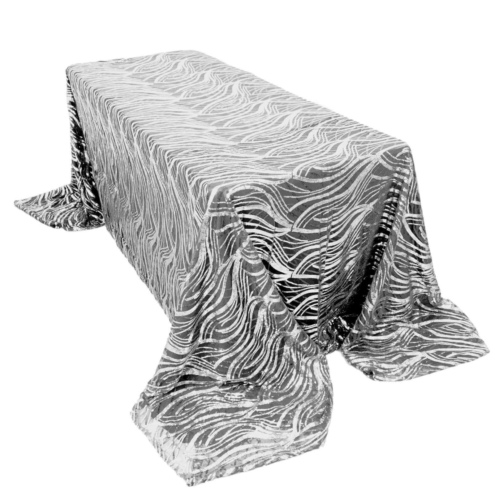 Mesh 90"x156" Rectangle Tablecloth White Black - Wave Sequin Embroidered Table Cover - Pro Linens