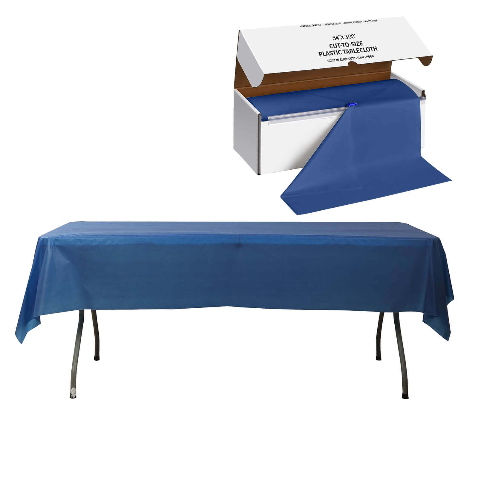 Navy Blue Plastic Tablecloth Roll in A Cut - to - Size Box with Slide Cutter, Cuts Up to 36 Rectangle 8 Feet Disposable Table Covers - 54"x300ft - Pro Linens