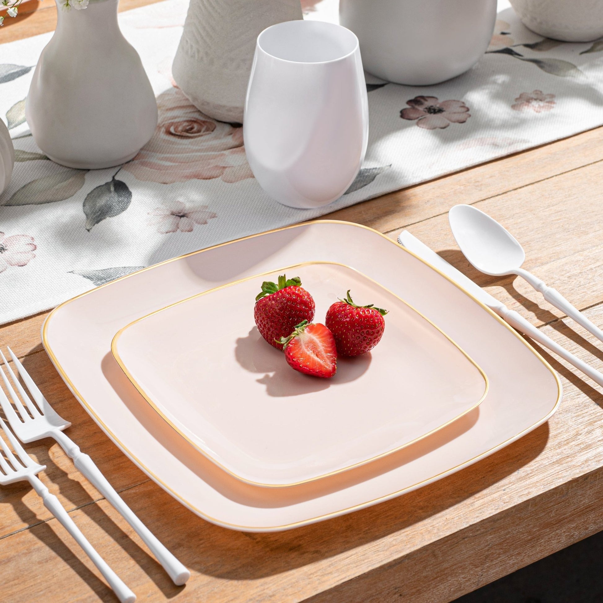 Pink and Gold Rim Square Plastic Plates 10 Pack - Classic Plate Pro Linens