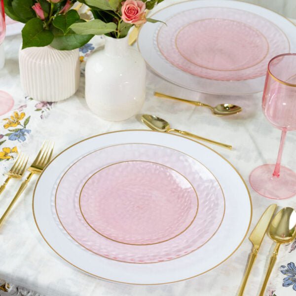 Pink and Gold Round Hammered Plastic Plates - Organic Hammered Plate Pro Linens