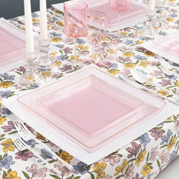 Pink Transparent and Gold Rim Square Plastic Plates - Square Edge Plate Pro Linens