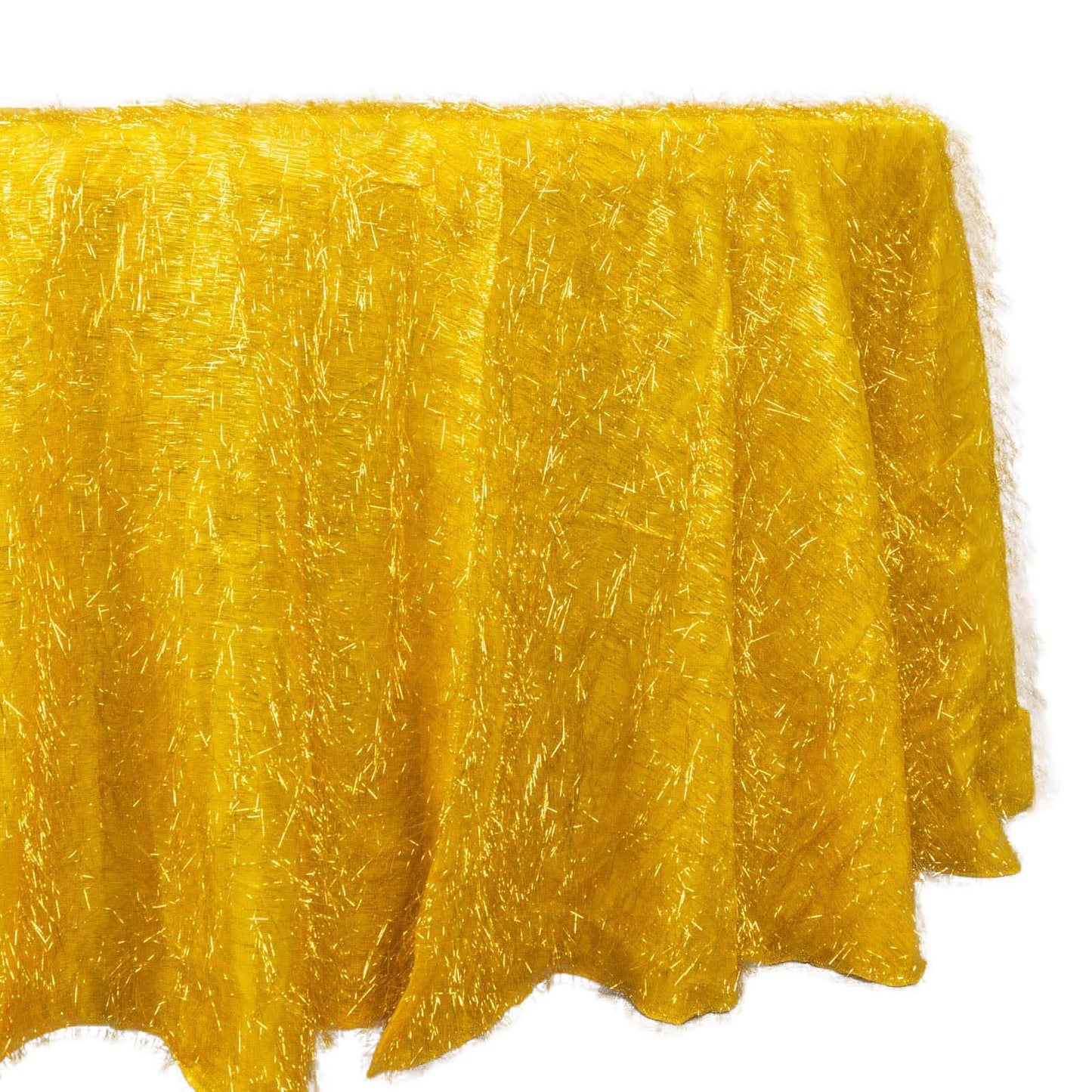 Polyester 120" Round Gold Tablecloth Metallic Fringe Shag Tinsel Design Table Cover for Weddings & Events Pro Linens