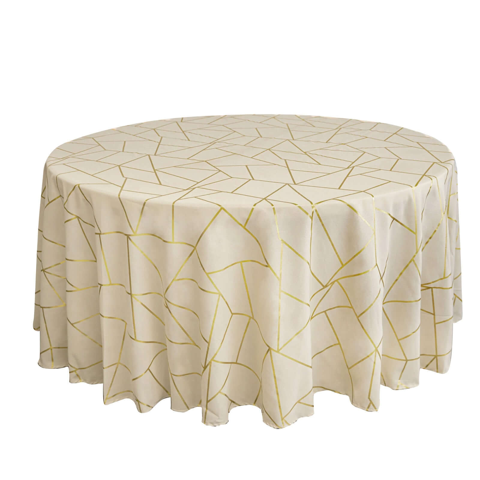 Polyester 120" Round Tablecloth Beige with Gold Foil Geometric Pattern Wrinkle-Resistant Seamless Table Cover Pro Linens