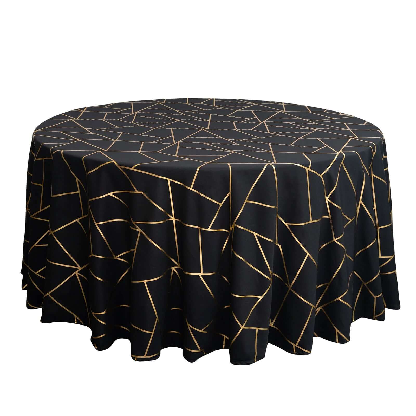 Polyester 120" Round Tablecloth Black with Gold Foil Geometric Pattern Wrinkle-Resistant Seamless Table Cover Pro Linens