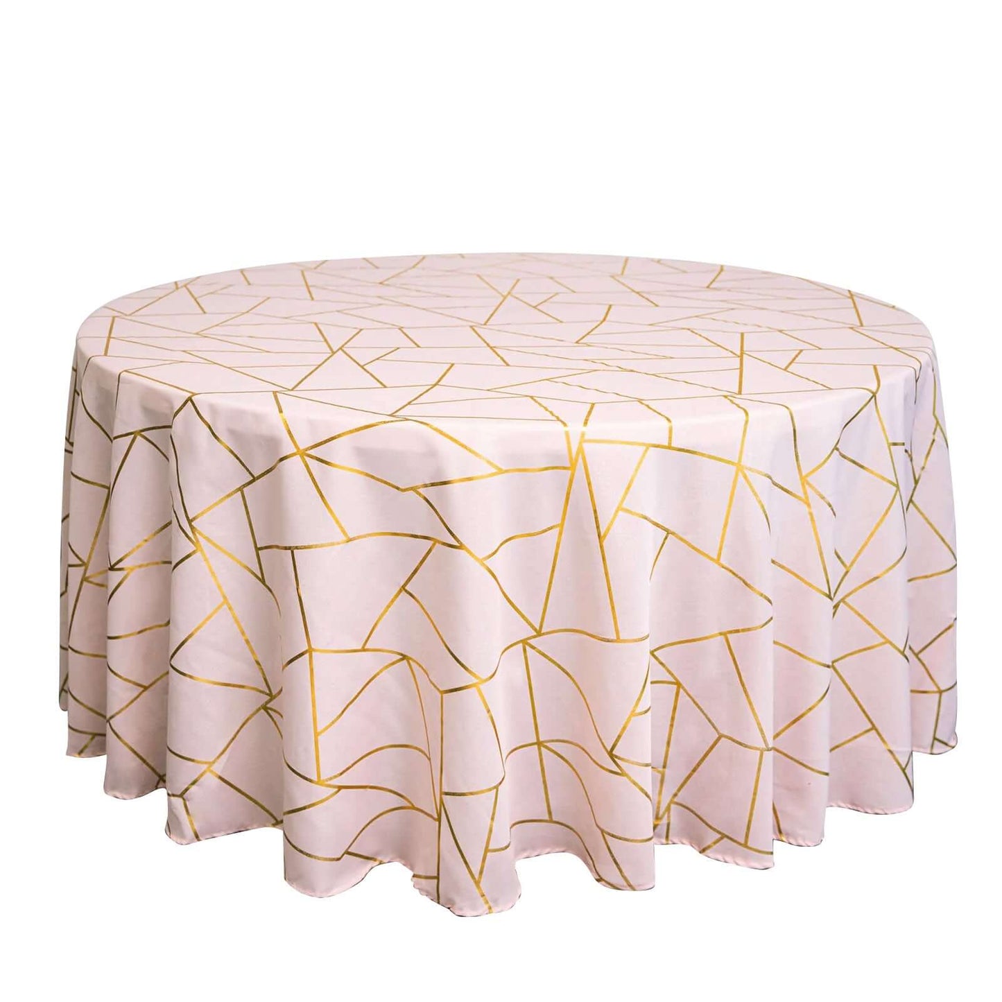 Polyester 120" Round Tablecloth Blush with Gold Foil Geometric Pattern Wrinkle-Resistant Seamless Table Cover Pro Linens