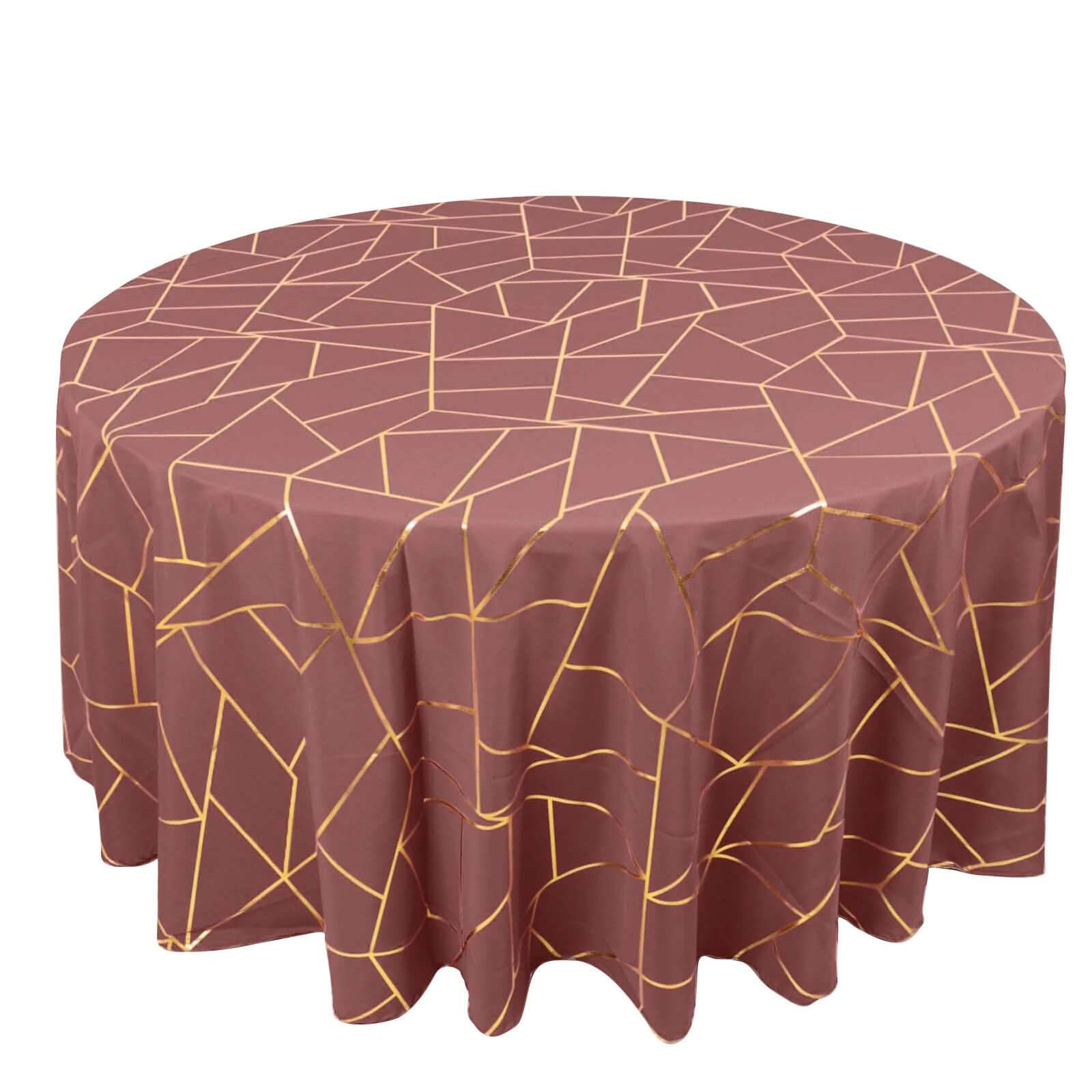 Polyester 120" Round Tablecloth Cinnamon Rose with Gold Foil Geometric Pattern Wrinkle-Resistant Seamless Table Cover Pro Linens