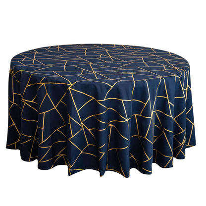 Polyester 120" Round Tablecloth Navy with Gold Foil Geometric Pattern Wrinkle-Resistant Seamless Table Cover Pro Linens