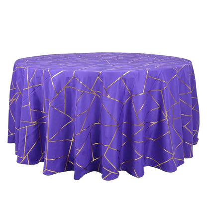 Polyester 120" Round Tablecloth Purple with Gold Foil Geometric Pattern Wrinkle-Resistant Seamless Table Cover Pro Linens