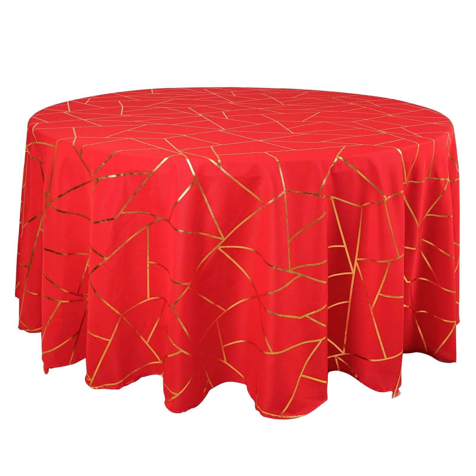 Polyester 120" Round Tablecloth Red with Gold Foil Geometric Pattern Wrinkle-Resistant Seamless Table Cover Pro Linens