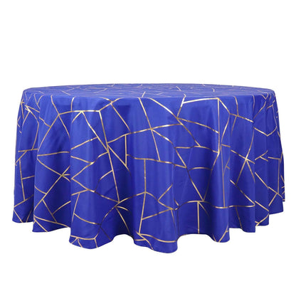 Polyester 120" Round Tablecloth Royal with Gold Foil Geometric Pattern Wrinkle-Resistant Seamless Table Cover Pro Linens