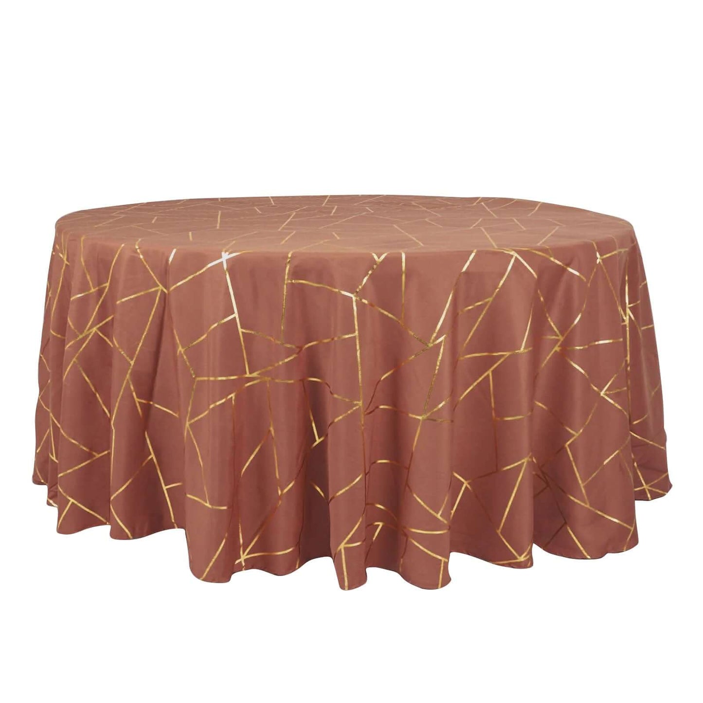 Polyester 120" Round Tablecloth Terracotta (Rust) with Gold Foil Geometric Pattern Wrinkle-Resistant Seamless Table Cover Pro Linens