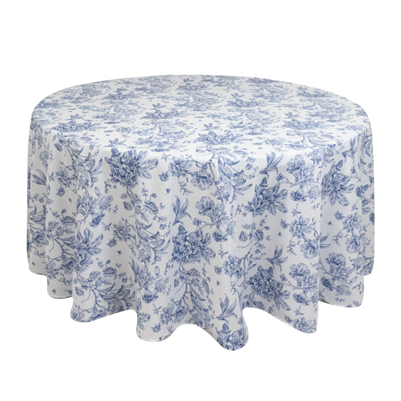 Polyester 120" Round Tablecloth White - Blue French Toile Pattern for Chic Weddings Pro Linens