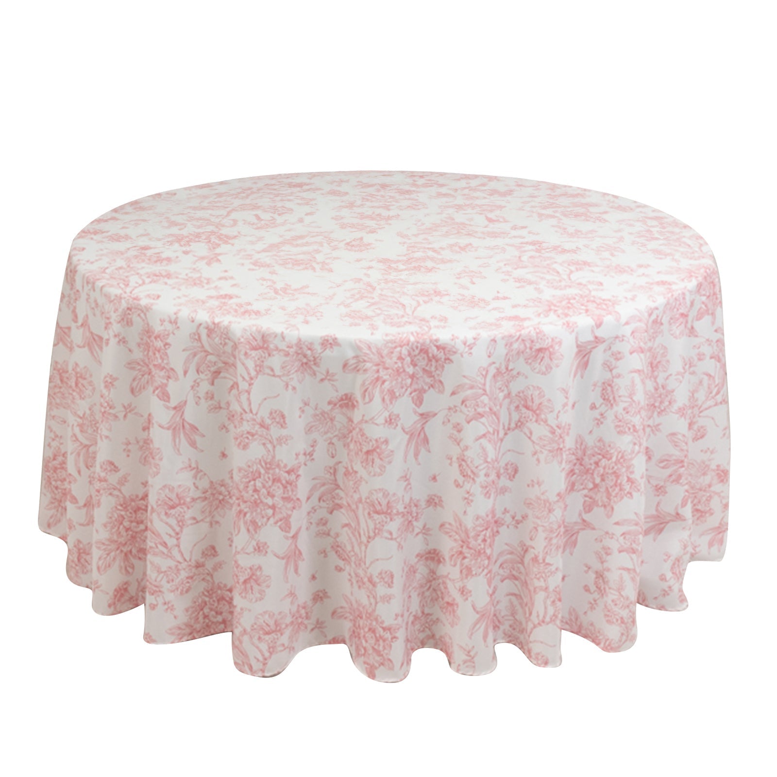 Polyester 120" Round Tablecloth White - Pink French Toile Pattern for Stylish Events Pro Linens