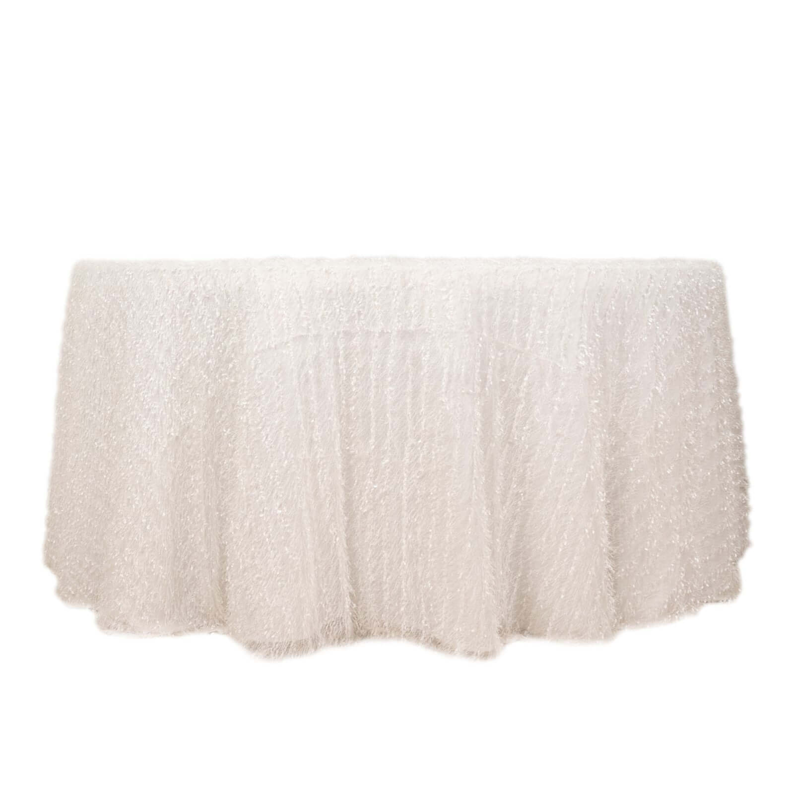 Polyester 120" Round Tablecloth White with Shaggy Fringe Design - Exquisite Table Cover Pro Linens