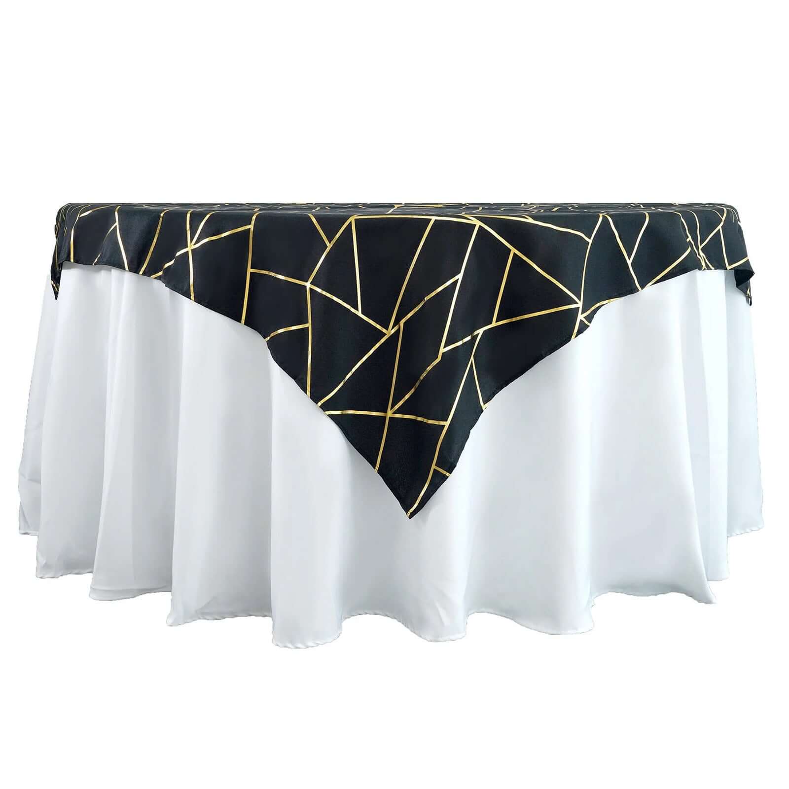 Polyester 54"x54" Table Overlay Square Tablecloth Black with Gold Foil Geometric Pattern - Wrinkle-Resistant & Durable Table Topper Pro Linens