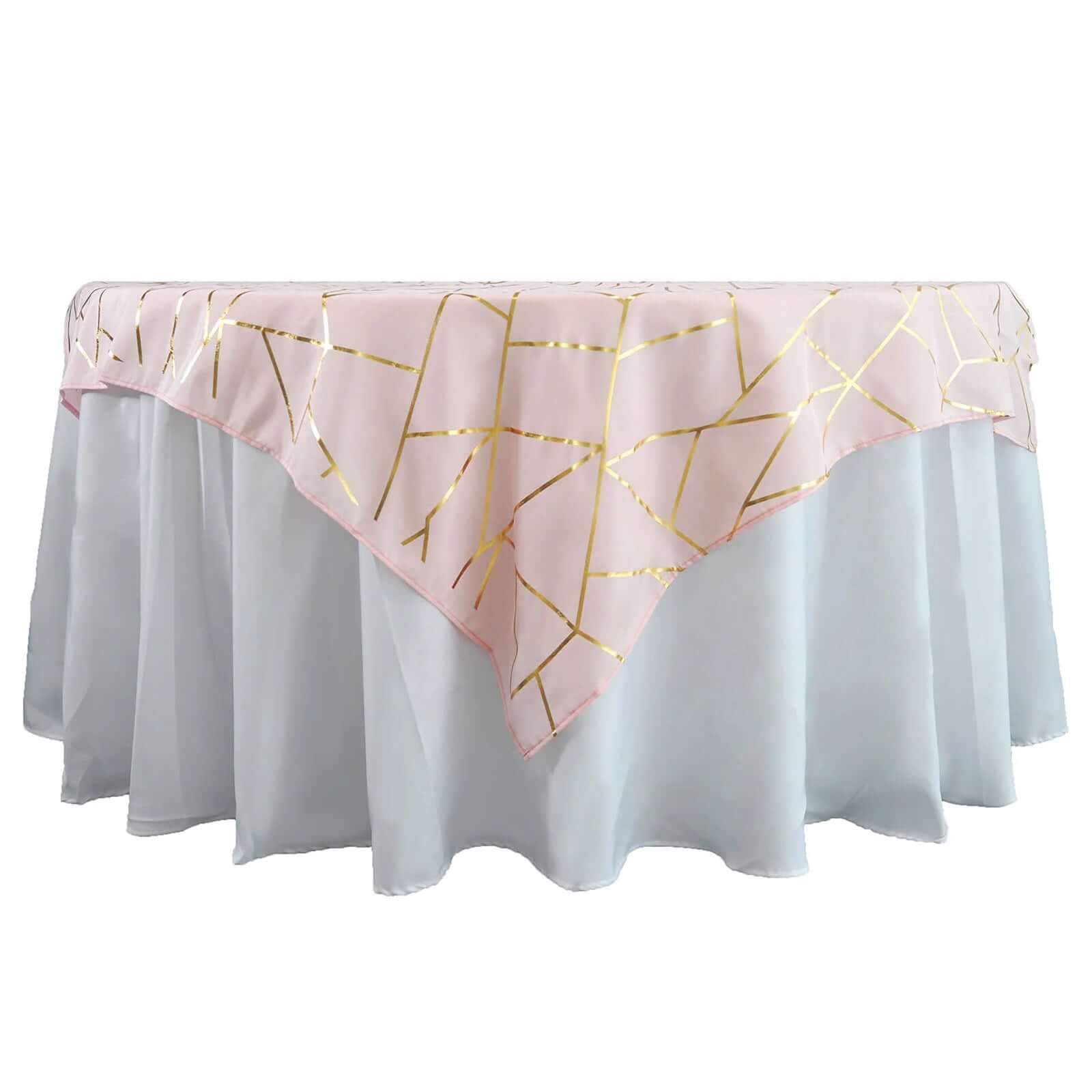 Polyester 54"x54" Table Overlay Square Tablecloth Blush with Gold Foil Geometric Pattern - Wrinkle-Resistant & Durable Table Topper Pro Linens