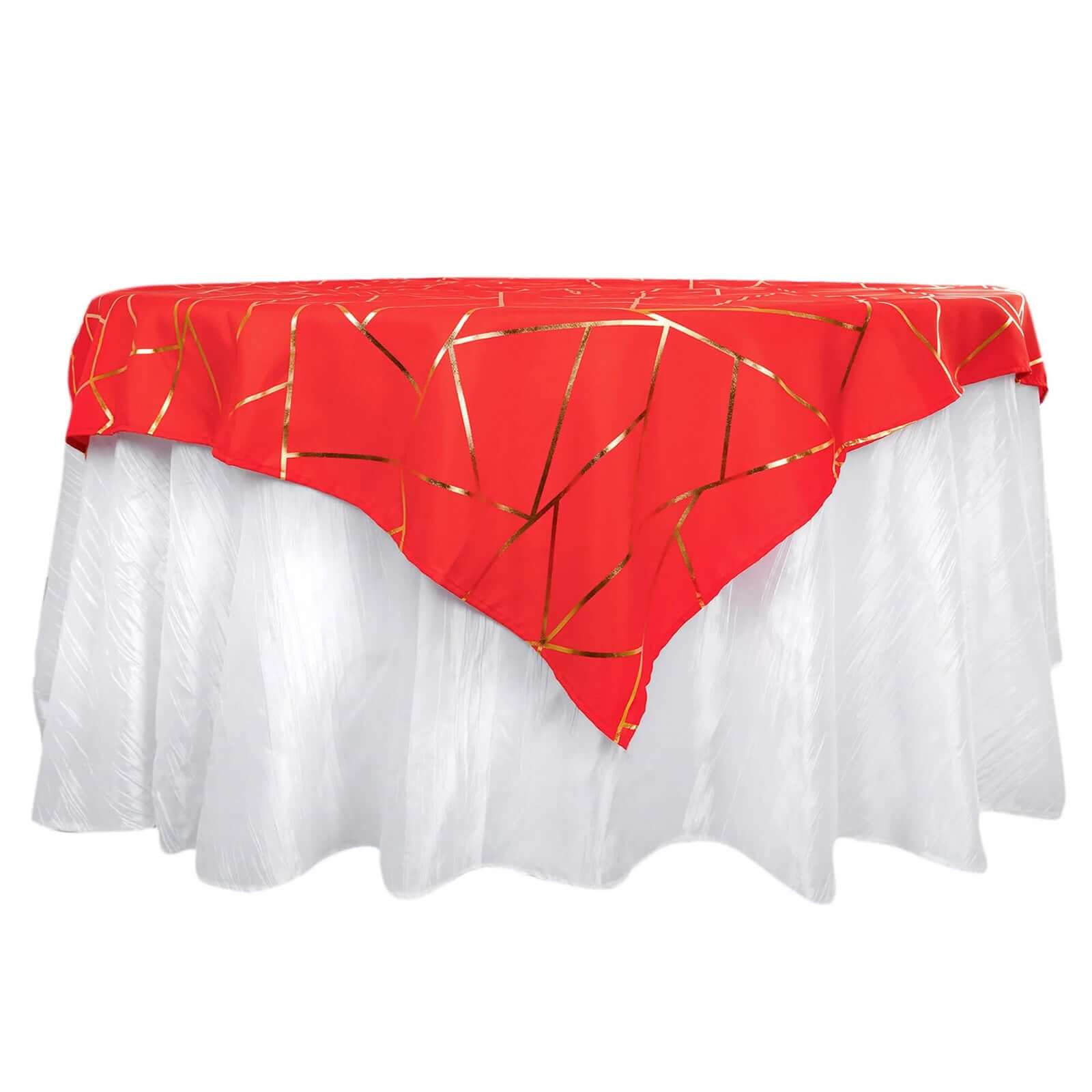 Polyester 54"x54" Table Overlay Square Tablecloth Red with Gold Foil Geometric Pattern - Wrinkle-Resistant & Durable Table Topper Pro Linens