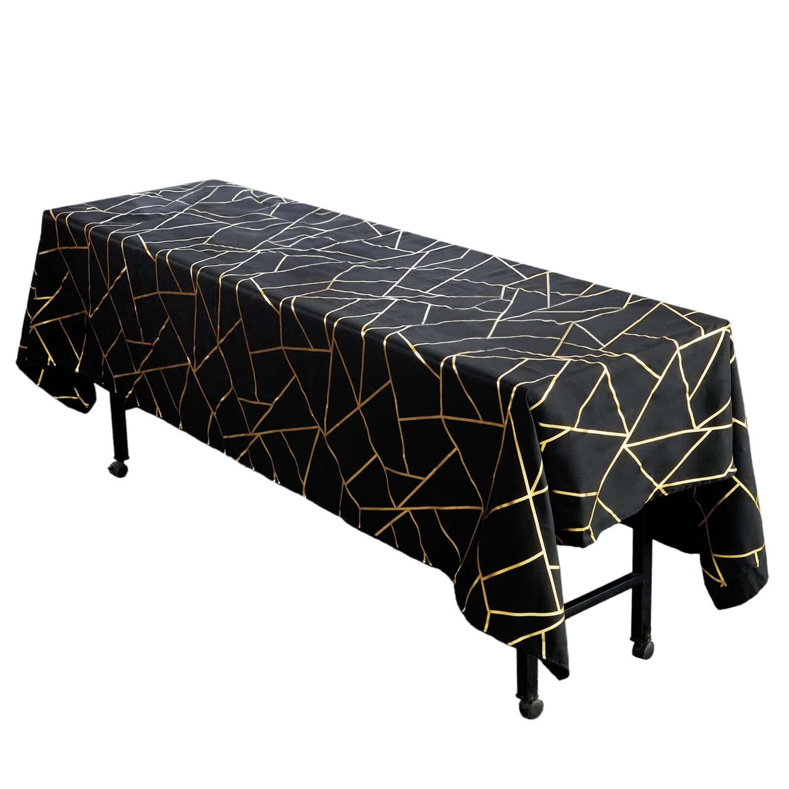 Polyester 60"x102" Rectangle Tablecloth Black with Gold Foil Geometric Pattern - Wrinkle - Resistant & Durable Table Cover - Pro Linens