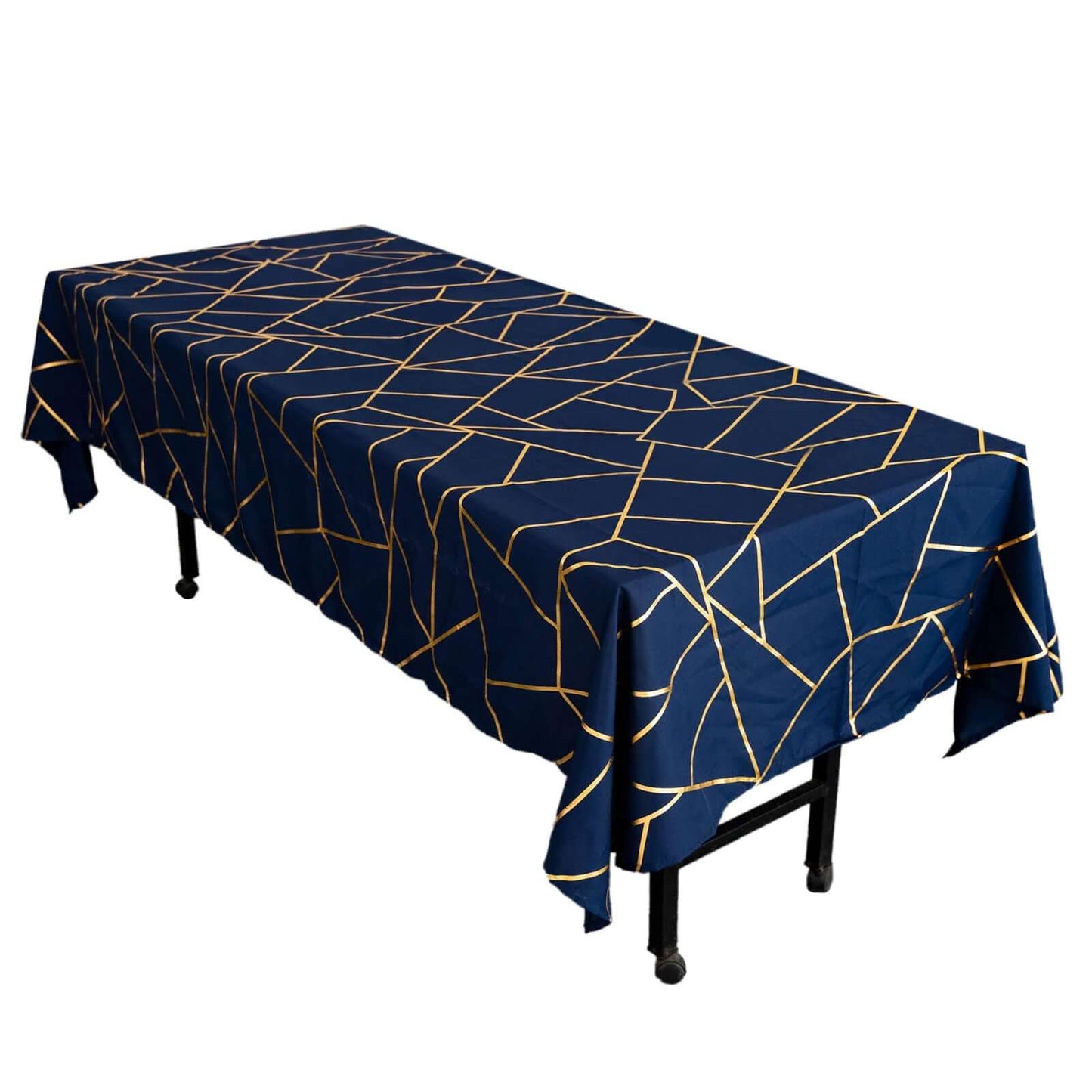 Polyester 60"x102" Rectangle Tablecloth Navy Blue with Gold Foil Geometric Pattern - Wrinkle-Resistant & Durable Table Cover Pro Linens