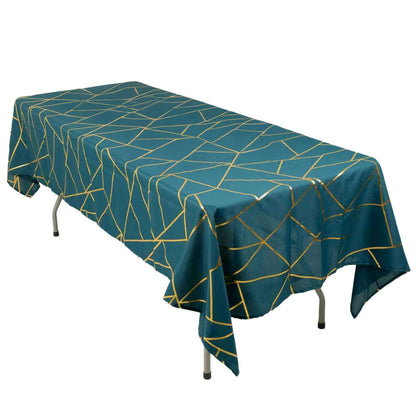 Polyester 60"x102" Rectangle Tablecloth Peacock Teal with Gold Foil Geometric Pattern - Wrinkle-Resistant & Durable Table Cover Pro Linens