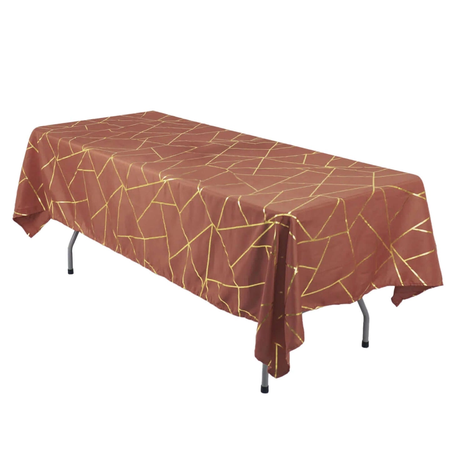 Polyester 60"x102" Rectangle Tablecloth Terracotta (Rust) with Gold Foil Geometric Pattern - Wrinkle-Resistant & Durable Table Cover Pro Linens