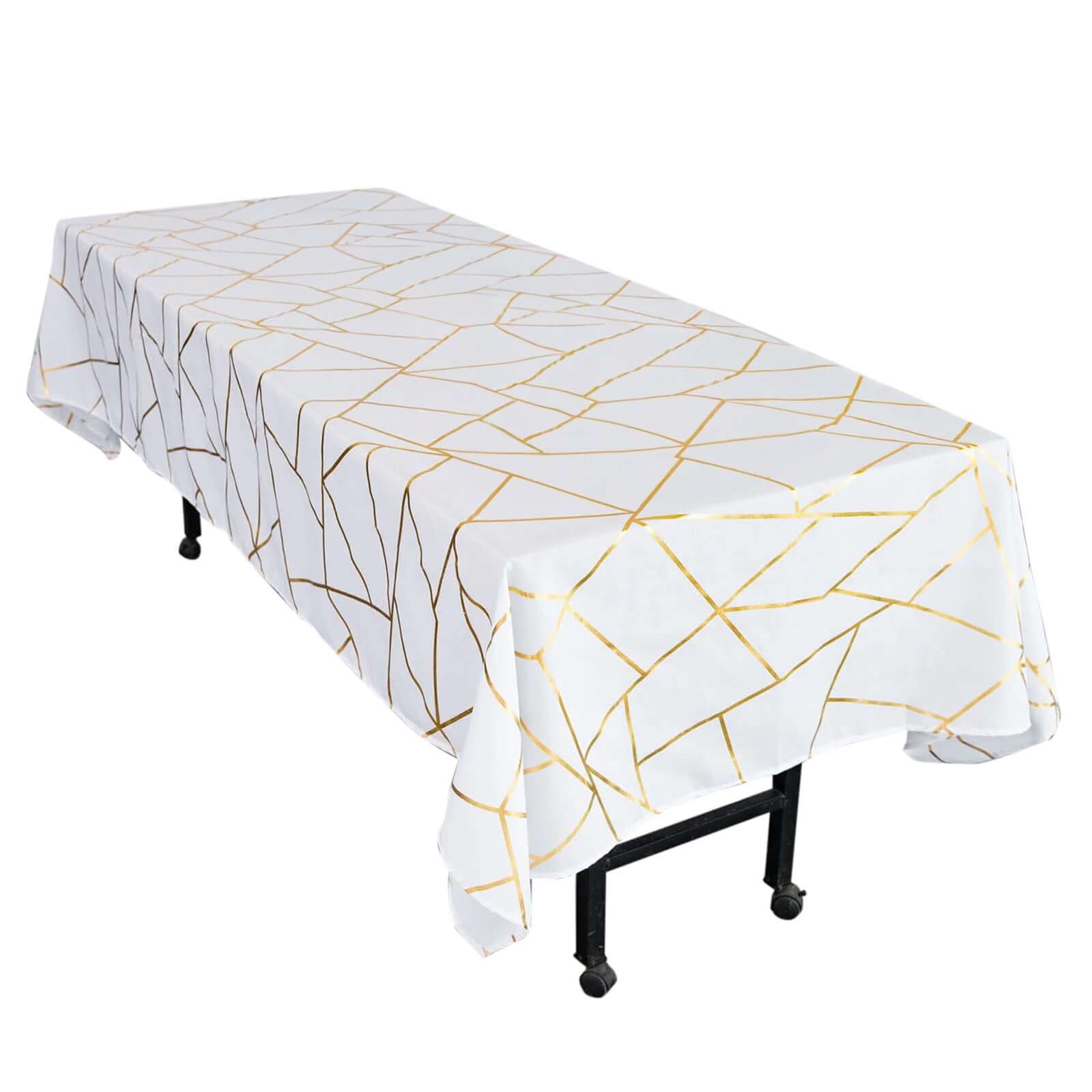 Polyester 60"x102" Rectangle Tablecloth White with Gold Foil Geometric Pattern - Wrinkle - Resistant and Durable Table Cover for Weddings & Events - Pro Linens