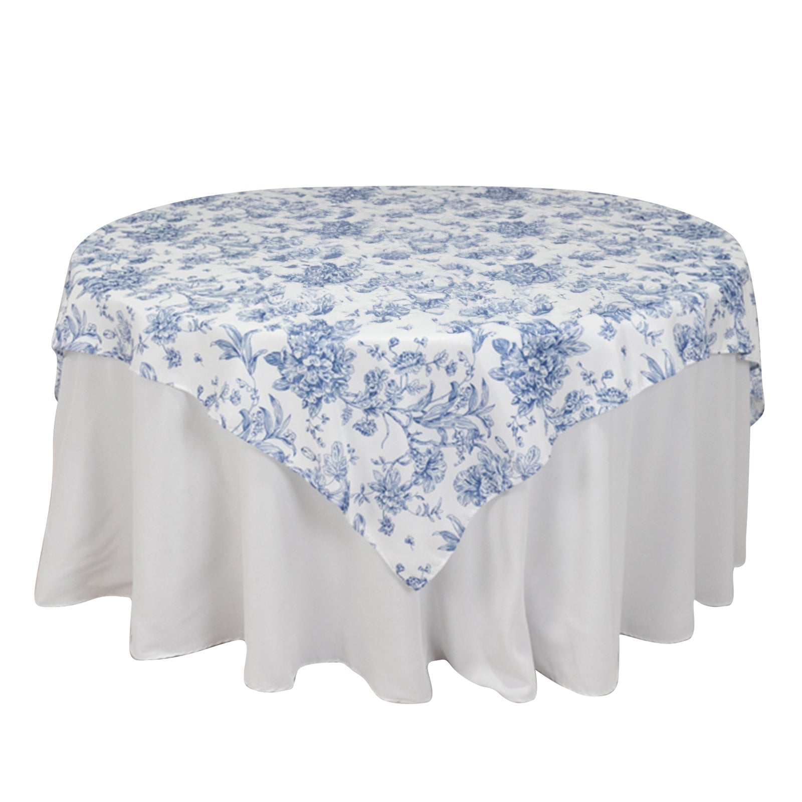 Polyester 70"x70" Table Overlay White - Blue French Toile Pattern for Stylish Events Pro Linens