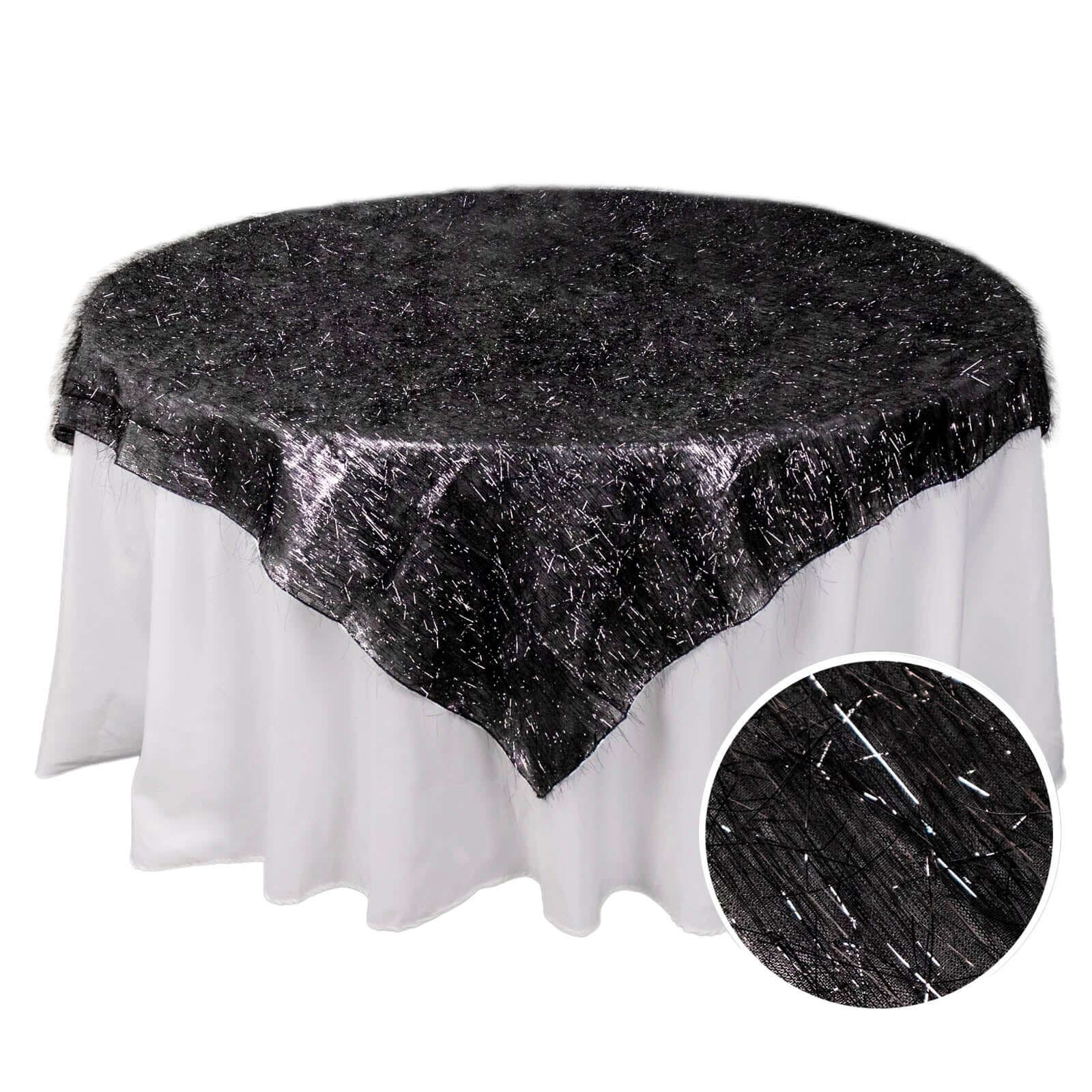 Polyester 72"x72" Table Overlay Square Tablecloth Black - Metallic Fringe Shag Tinsel Table Cover Pro Linens