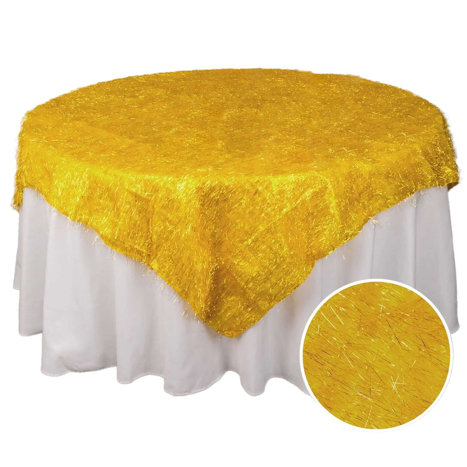 Polyester 72"x72" Table Overlay Square Tablecloth Gold - Metallic Fringe Shag Tinsel Design for Luxe Events Pro Linens