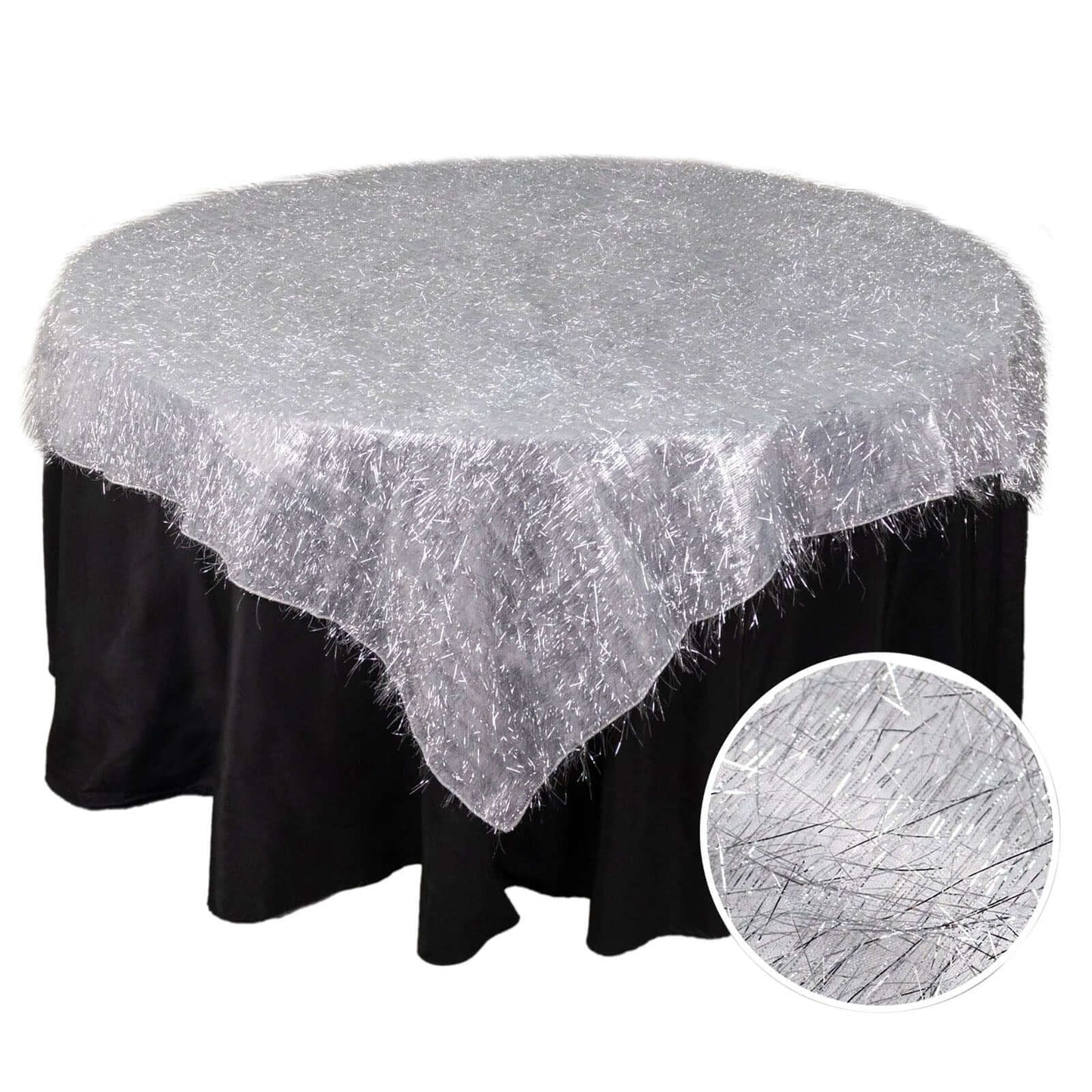 Polyester 72"x72" Table Overlay Square Tablecloth Silver - Metallic Fringe Shag Tinsel Table Cover Pro Linens