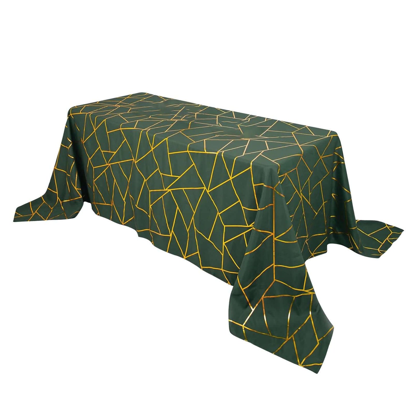 Polyester 90"x132" Rectangle Tablecloth Hunter Emerald Green with Gold Foil Geometric Pattern - Wrinkle-Resistant Seamless Table Cover Pro Linens