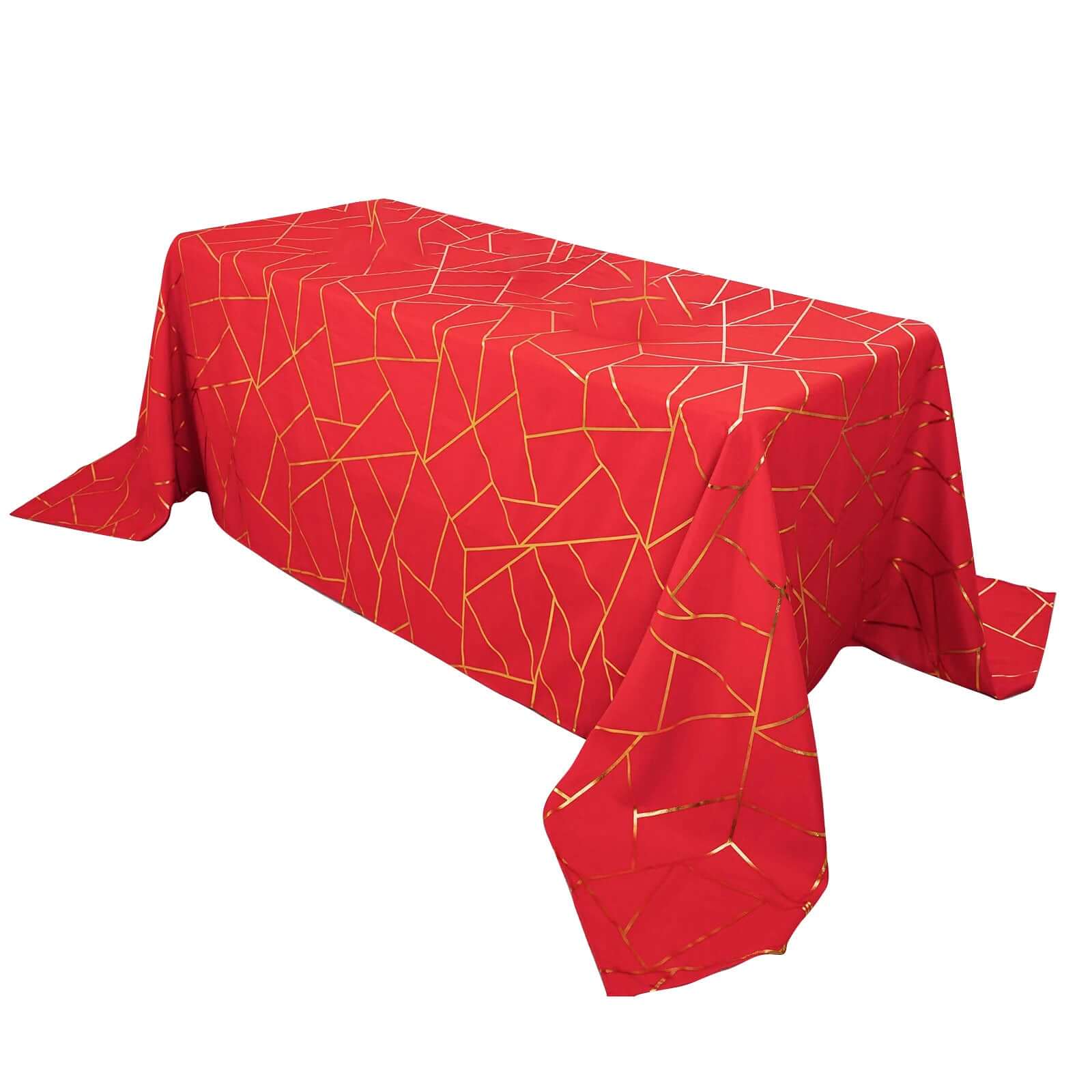 Polyester 90"x132" Rectangle Tablecloth Red Seamless with Gold Foil Geometric Pattern - Wrinkle-Resistant Seamless Table Cover Pro Linens