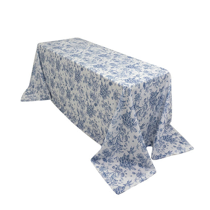 Polyester 90"x132" Rectangle Tablecloth White - Seamless Blue French Toile Pattern for Upscale Events - Pro Linens