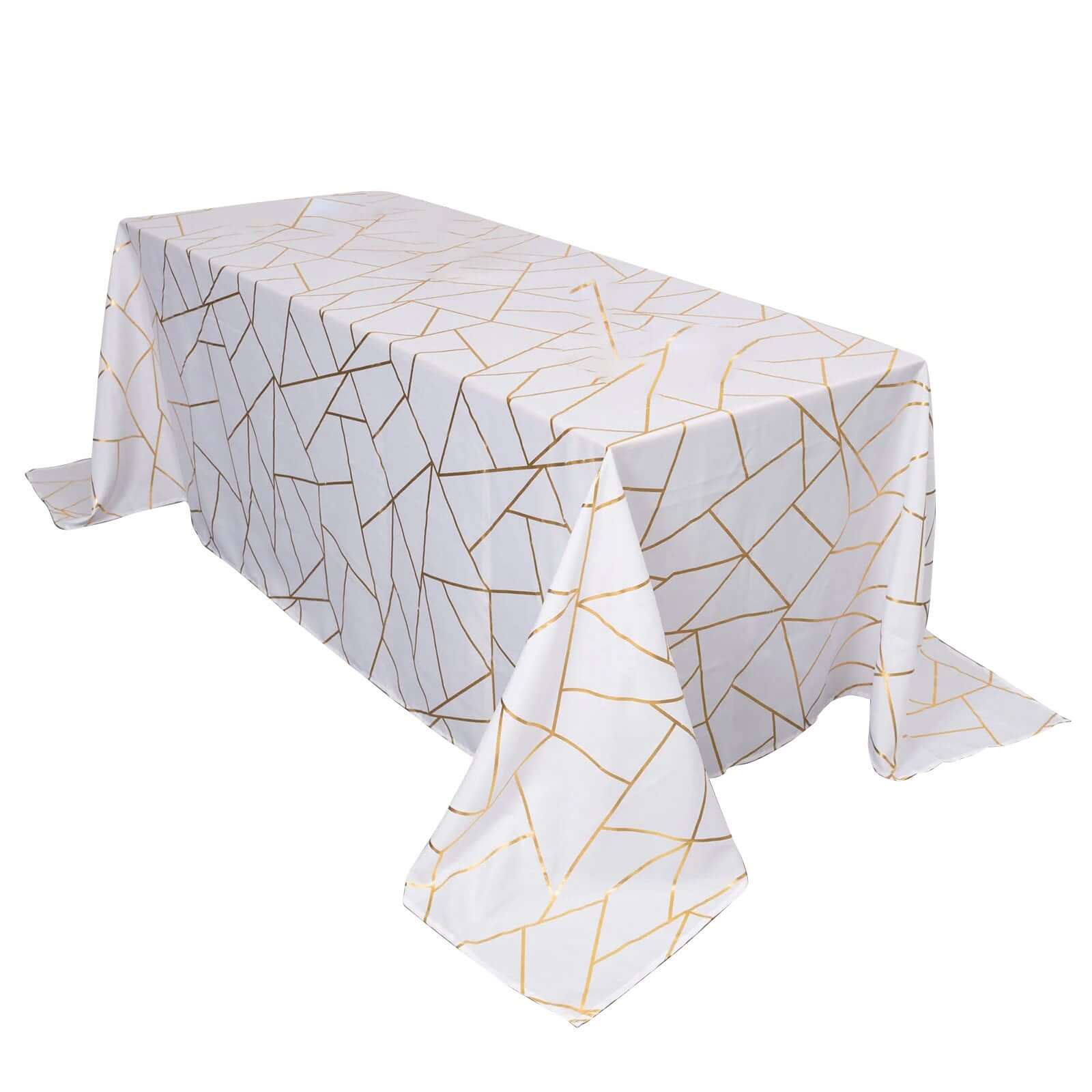 Polyester 90"x132" Rectangle Tablecloth White Seamless with Gold Foil Geometric Pattern - Wrinkle-Resistant Seamless Table Cover for Sophisticated Events Pro Linens