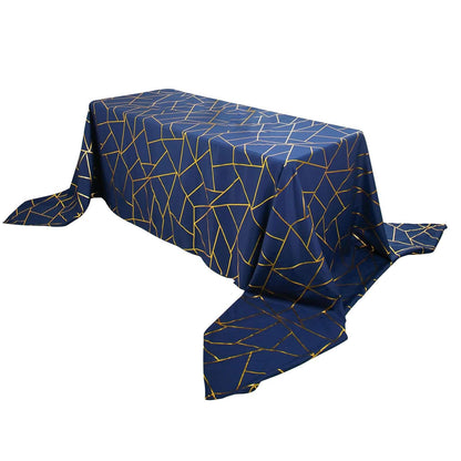 Polyester 90"x156" Rectangle Tablecloth Navy Blue Seamless with Gold Foil Geometric Pattern - Wrinkle-Resistant Seamless Table Cover for Sophisticated Events Pro Linens