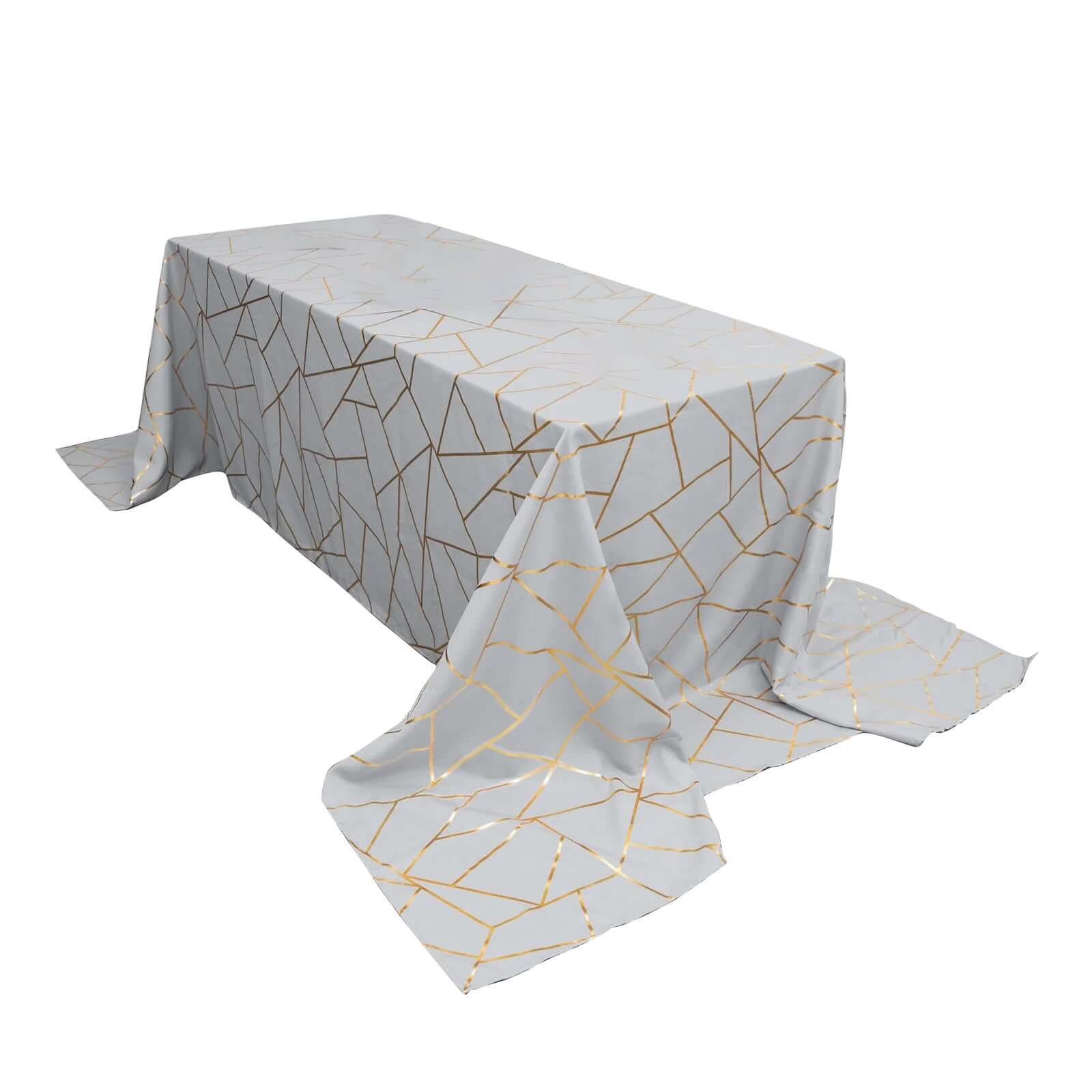 Polyester 90"x156" Rectangle Tablecloth Silver Seamless with Gold Foil Geometric Pattern - Wrinkle-Resistant Seamless Table Cover for Sophisticated Events Pro Linens